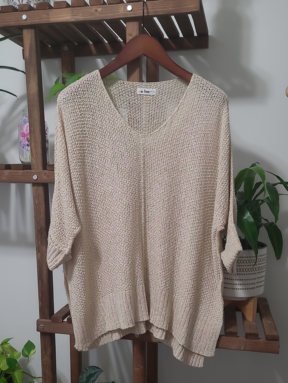 Cream/Light Tan Oversized Open Knit Split Hem Sweater